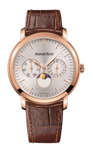 爱彼Jules Audemars星期日期月相腕表，所有组件皆经手工打磨装饰，机板倒角及珍珠圆点打磨，桥板饰以日内瓦波纹