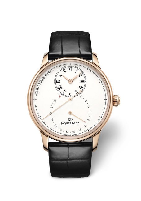 雅克德罗JAQUET DROZ跳秒大秒针腕表以18K红金表壳搭配象牙色大明火（Grand Feu）珐琅表盘，限量发行88枚