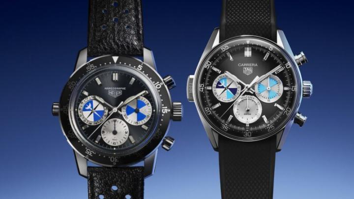 2024 年，TAG Heuer 与 Hodinkee 联名推出 Carrera Chronograph Seafarer × Hodinkee 限量版计时腕表（全球限量生产 968 只、图右）向 Heuer 于 1968 年推出的 "2446C Seafarer" 腕表（图左）致敬。