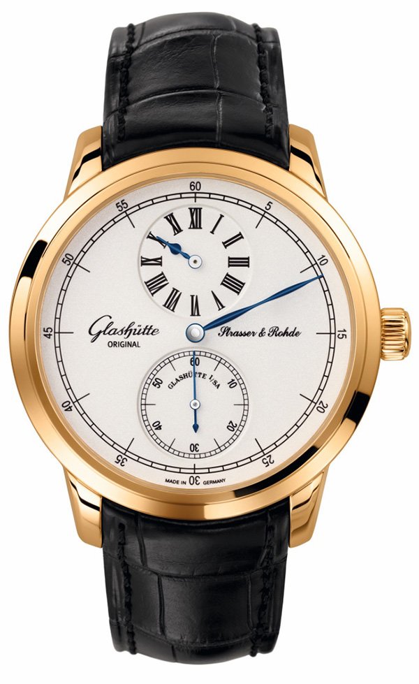 格拉苏蒂（Glashütte Original）Strasser & Rohde Regulator “三针一线”规范指针腕表，面盘纯净简约。
