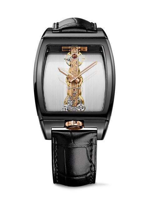 CORUM Golden Bridge腕表搭载CO113机芯， 透过水晶玻璃表镜和表背一览无疑，展现机械的美感