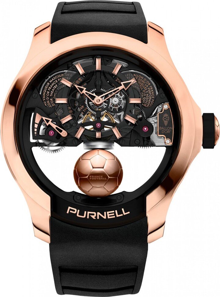 金球奖得主获赠的Purnell陀飞轮表，独家3D球体陀飞轮装置被包裹在一个金色足球中每 30 秒旋转一次，神奇独具巧思