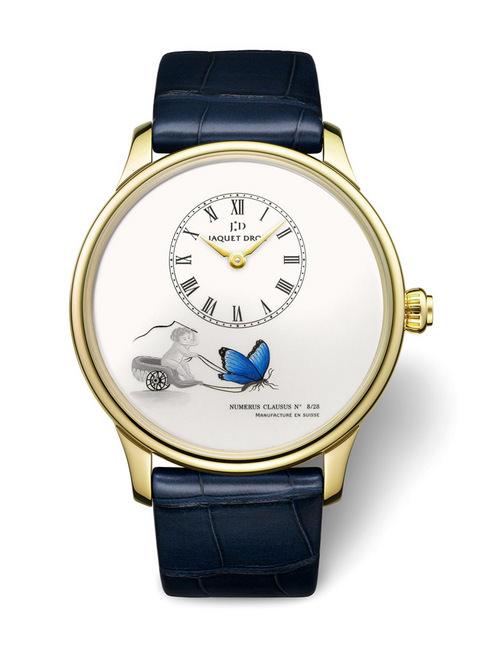  爱之蝴蝶腕表珐琅涂绘生动优雅，限量发行28枚。 建议售价 RMB287，500元