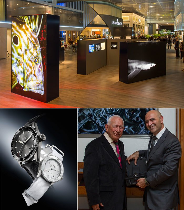 上图：Blancpain 宝珀五十噚系列腕表60周年纪念展 – 下图左：Blancpain 宝珀五十噚Bathyscaphe潜水表 – 下图右： Jean-Jacques Fiechter 与 Marc A. Hayek