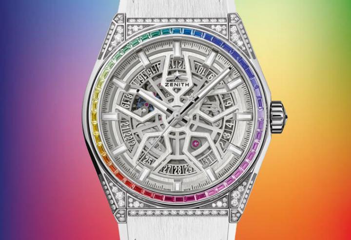 真力时推出近年很夯的彩虹圈手表Defy Classic Rainbow，亮点除了表圈香满48颗彩虹宝石，它所搭载的Elite 670 SK机芯也经过镂空处理，展现机械表的精密本质。
