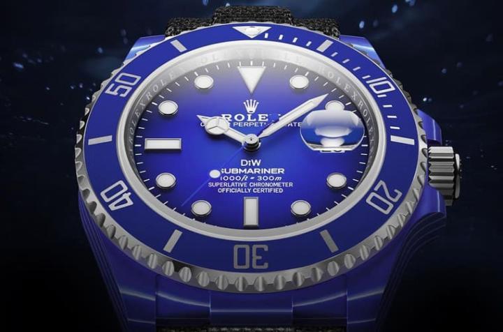 DiW近期大力开发石英纤维材质，新作劳力士Submariner ”Deep Blue Quartz Fiber”便是这家改装表品牌首度启用蓝色石英纤维材质。Source：Designa Individual Watches