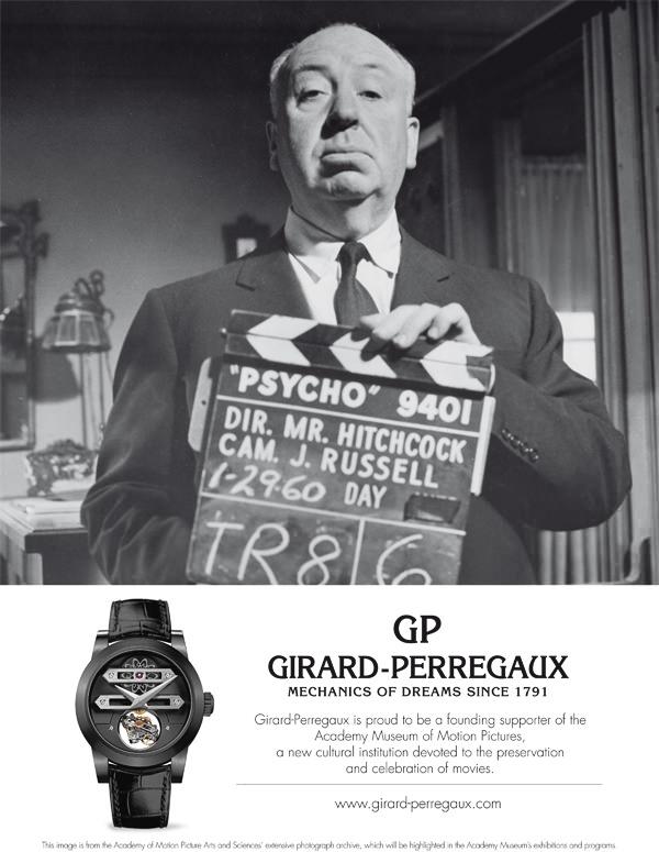  Girard-Perregaux芝柏表首辑平面广告采用的照片是阿尔弗雷德•希区柯克在《触目惊心》（PSYCHO）拍摄现场拿着拍板的留影