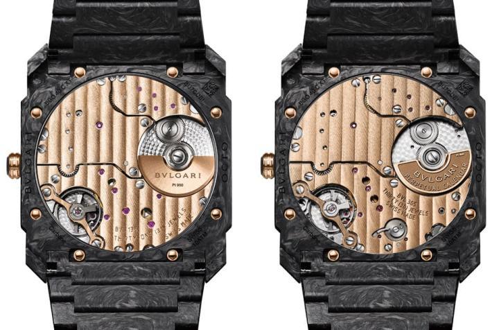 两款Octo Finissimo CarbonGold手表的透明底盖都露出了机芯，包括基板以玫瑰金制作、微型自动盘以铂金打造并镀上玫瑰金等特色也都有志一同。