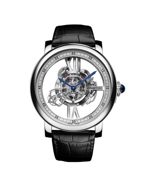 Rotonde de Cartier Astrotourbillon 卡地亚天体运转式陀飞轮镂空腕表搭载Astrotourbillon天体运转式陀飞轮，陀飞轮框架每分钟旋转一周由233个零件组成，其中包含23枚宝石轴承。 编号并限量发售100枚