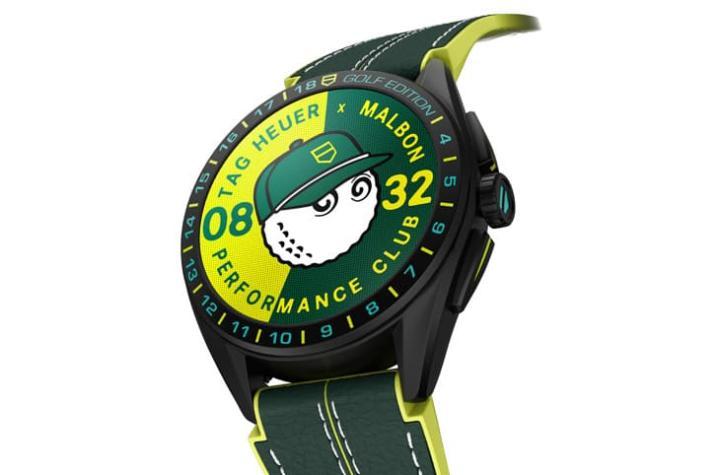 手表采用钛金属表壳，搭配绿松石色和绿色调细节，与MALBON GOLF的代表性图案有所连结。
