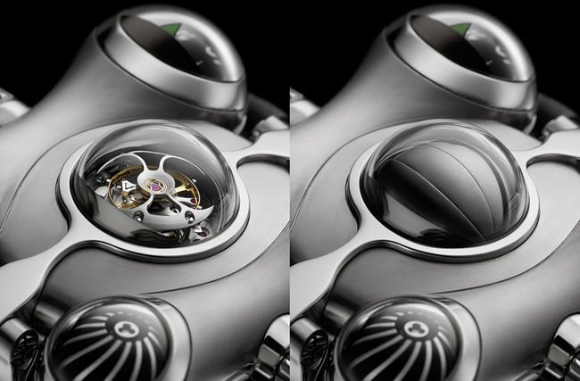 Horological Machine No.6流畅的曲线与凸起的「眼睛」造型球面，赋予腕表友善顺眼的外星人形体，凭借航太级Ti-6Al-4V钛金属表壳以及400°C高温处理的金属基材，构成其强壮的躯干
