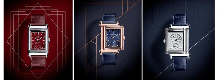 积家近期推出经典系列Reverso新作，共有三款不同功能，分别搭配不同颜色的面盘