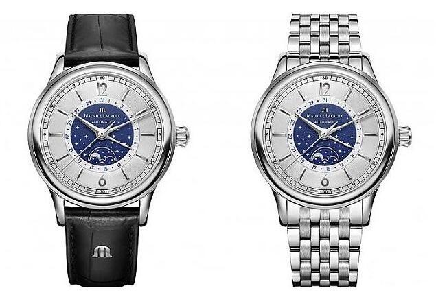 这系列腕表的表戴分别搭配黑色小牛皮(左)以及精钢表带(右)塑造出不同风格，不知道表迷们比较中意哪款