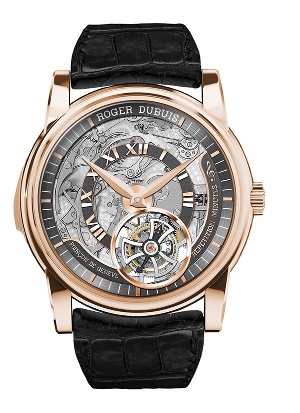 罗杰杜彼（Roger Dubuis）Hommage Répétition Minutes三问腕表，搭载三问报时复杂功能，使精密的机械结构与完美设计和谐一体，是罗杰杜彼所有价值理念的集中体现：果敢、专注、个性、卓越与精湛技艺。