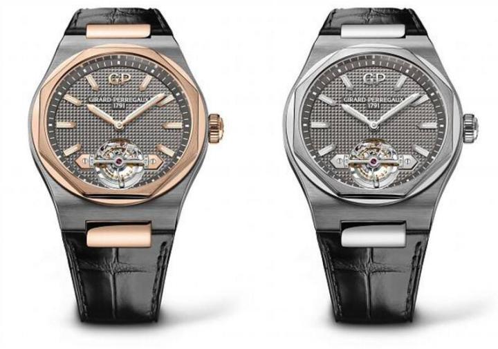 自动上链机械机芯 / 钛金属、18K玫瑰金、钛金属及18K白金 / 表径45毫米 / 表盘岩灰色，缀以“Clous de Paris”巴黎饰钉 / 棒状指针，有萤光涂料 / 防水50米 / 动力储备49小时 / 时、分，陀飞轮上有小秒显示