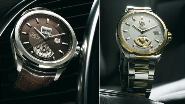 TAG Heuer豪雅 Grand CARRERA Calibre 8 RS 大日历GMT/旋转系统: 第二个GMT时区: 42.5毫米表壳，另有黑色、银色或棕色表盘，钢表链或鳄鱼皮表带。