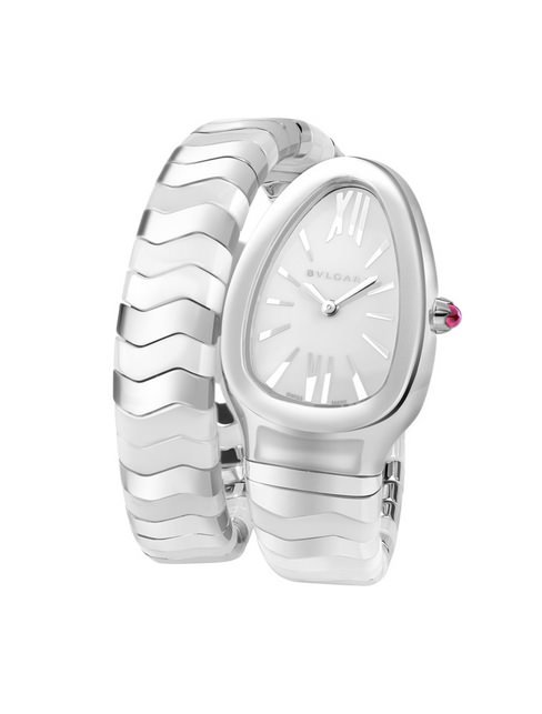 Serpenti Spiga腕表35 mm 精钢表壳镶嵌明亮切割钻石，精钢表冠，镶嵌粉红碧玺，白色烤漆表盘，精钢与白色烤漆表带（单圈）搭载宝格丽石英机芯 Calibre B033