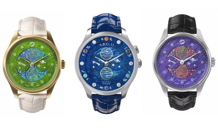 （左起）G-Timeless Moonlight 18K黄金双月相表-绿色面盘。G-Timeless Moonlight 18K白金双月相表-客制化宝石镶嵌蓝色面盘。G-Timeless Moonlight 18K白金双月相表-紫色面盘。