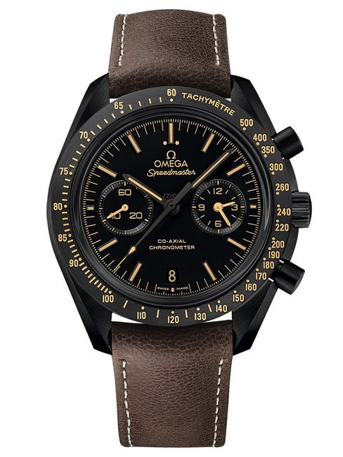 Speedmaster月之暗面「Vintage Black」腕表镀有「复古」Super-LumiNova超萤光涂料的棕色刻度与针指