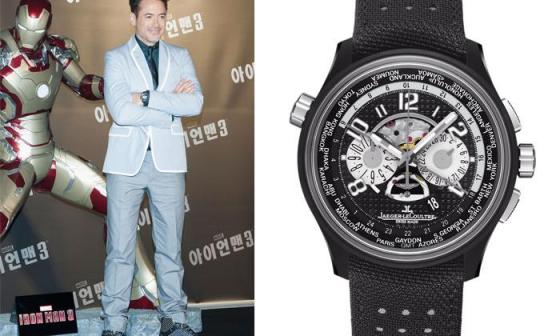 左：演员小罗伯特•唐尼佩戴他的Jaeger-LeCoultre积家计时腕表亮相 – 右：Jaeger-LeCoultre积家AMVOX5 World Chronograph 世界时区计时腕表