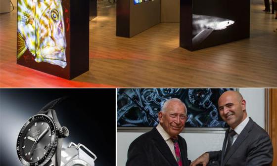 上图：Blancpain 宝珀五十噚系列腕表60周年纪念展 – 下图左：Blancpain 宝珀五十噚Bathyscaphe潜水表 – 下图右： Jean-Jacques Fiechter 与 Marc A. Hayek
