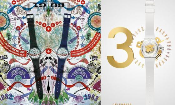 斯沃琪Est. 1983 New Gent腕表（右）与艺术大师Lorenzi Petranton 1983年的艺术品