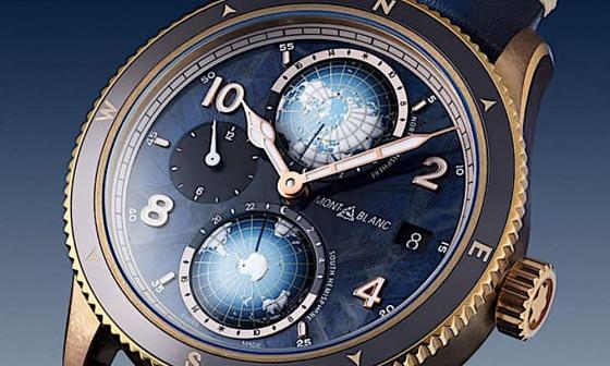 万宝龙1858 Geosphere第二款零氧手表改采青铜表壳搭配蓝色冰河图案面盘