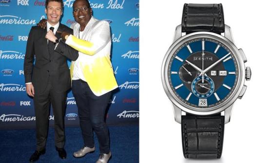 左：瑞安•西克雷斯特佩戴Zenith真力时腕表主持《美国偶像》 – 右： Zenith真力时指挥官系列温莎计时腕表