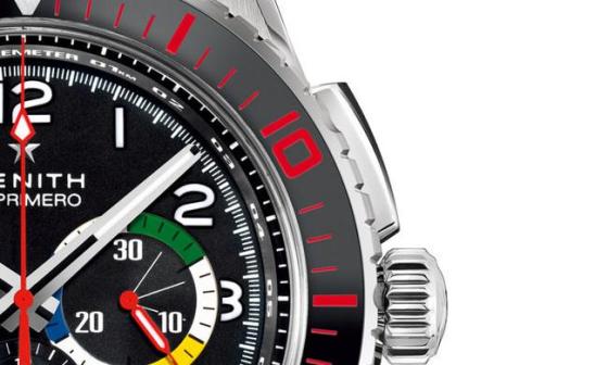  ZENITH于1997年根据法国空军制定的项目计划书设计了RAINBOW FLYBACK表款，如今，ZENITH从这款走时精准的时计汲取灵感，设计出EL PRIMERO STRATOS FLYBACK RAINBOW腕表