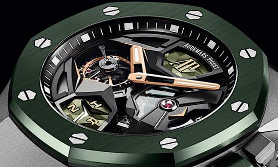皇家橡树概念飞行陀飞轮GMT手表第一次结合绿色陶瓷表圈