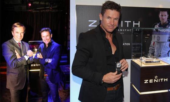 Zenith真利时CEO让-弗雷德里克·杜福尔（Jean-Frederic Dufour）和费利克斯·鲍姆加特纳。右边为真利时形象大使费利克斯·鲍姆加特纳与 Zenith 真利时Stratos Striking tenth腕表