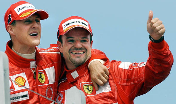 （图右）舒马克老战友，巴西籍F1车手Rubens Barrichello职业生涯长达18年，历年累积了相当丰硕的成绩