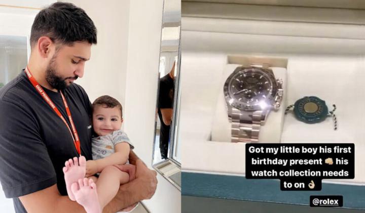 英国知名拳击手Amir Khan在自己的IG上分享即将送给自己小儿子的第一份生日礼物，那是一只劳力士Daytona