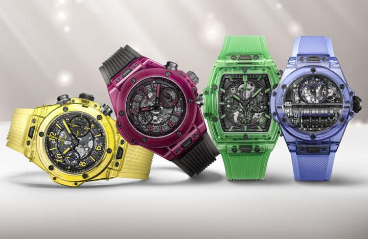 宇舶表擅长研制彩色透明手表，他们是目前表坛唯一能找到呼应2022春夏时装周代表色的透明手表权威品牌。