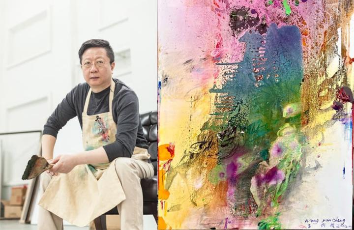 旅法华裔艺术家王衍成及其抽象画作。