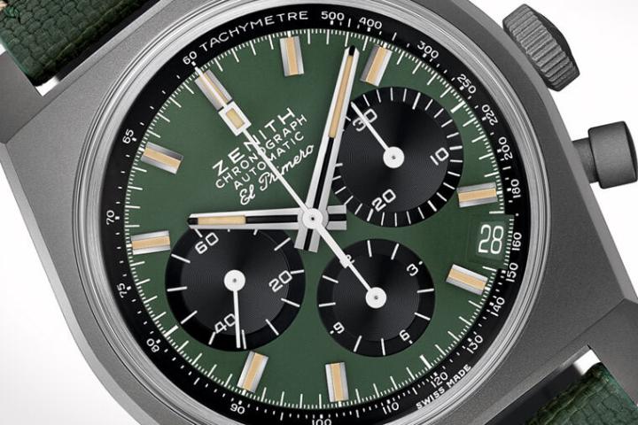 绿色面盘搭配黑色小表盘风格明快，至于时标和指针的夜光物料采用米色调又透露出手表复刻版的身份