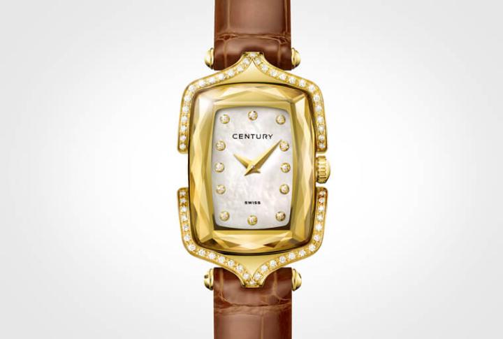 Affinity手表的方形轮廓首次以18K黄金材质呈现，手表镶嵌的54颗宝石映射着面盘上闪耀的时标，与白色珍珠母贝微妙的霓虹色偏光