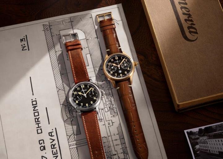 左为Minerva表厂1930年代制作搭载19-09CH机芯的大型手表，右为现代的复古作品，两者外观带有高度相似性