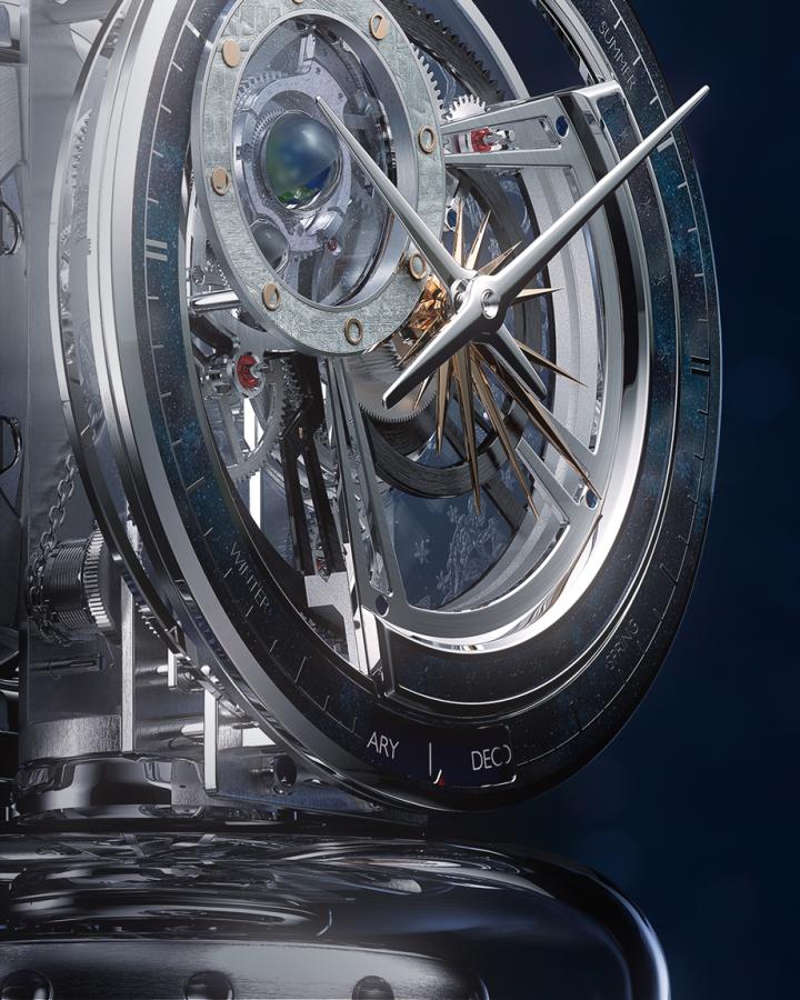 Atmos Hybris Mechanica Calibre 590超卓复杂功能系列590型机芯空气钟突破精准度与设计的界限，是迄今为止最精密复杂的Atmos空气钟，历经四年的悉心研发方得以面世。
