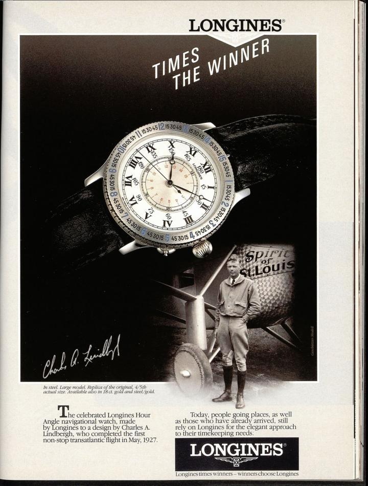 1989年，《Europa Star》的一则广告，浪琴复刻Lindbergh Hour Angle小时角腕表，至今仍在销售。