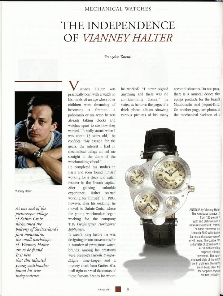 1999年，Europa Star 发表的Vianney Halter专题文章